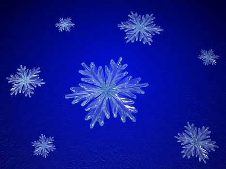 crystal snowflakes over blue background with feather center
