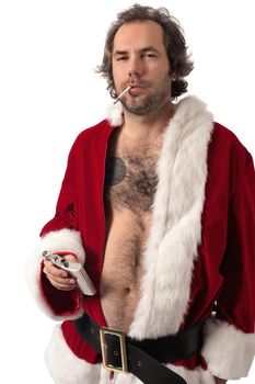 Photo of middle-aged adult man dressed in Santa clothes, smoking and holding alcohol flask.