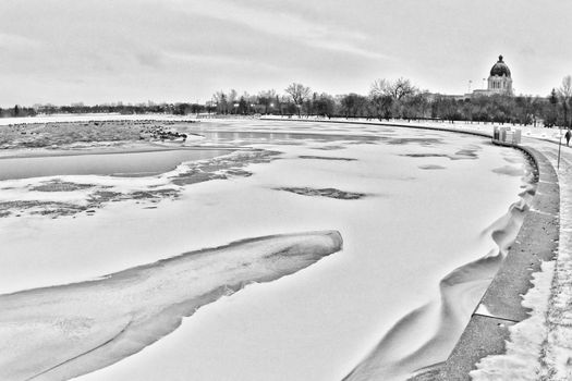 The concrete wall shores of Wascana Lake in Regina, Saskatchewan - Canada