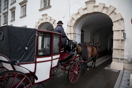 One of the famous horse cabs of Vienna, Austria driving though the gateway of Hofburg Castle. 