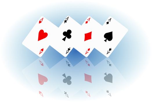 Illustrated four ace cards standing in formation on their corners and reflecting into foreground. White and blue elipse blur background.