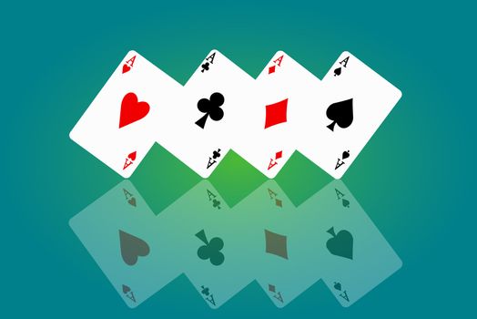 Illustrated four ace cards standing in formation on their corners and reflecting into foreground. Blue and green background blur.