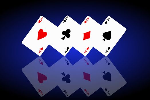 Illustrated four ace cards standing in formation on their corners and reflecting into foreground. Black and blue background.