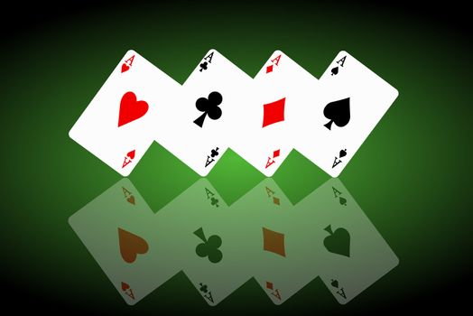 Illustrated four ace cards standing in formation on their corners and reflecting into foreground. Black and green background.