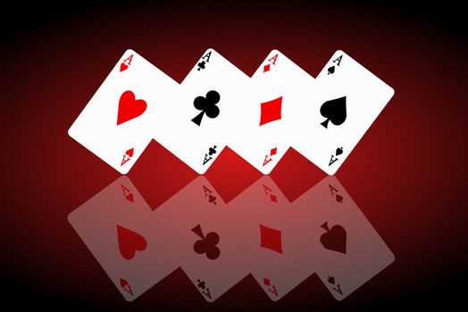 Illustrated four ace cards standing in formation on their corners and reflecting into foreground. Black and red background.