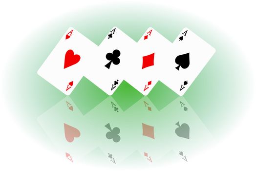 Illustrated four ace cards standing in formation on their corners and reflecting into foreground.