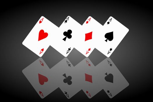 Illustrated four ace cards standing in formation on their corners and reflecting into foreground. Black background.