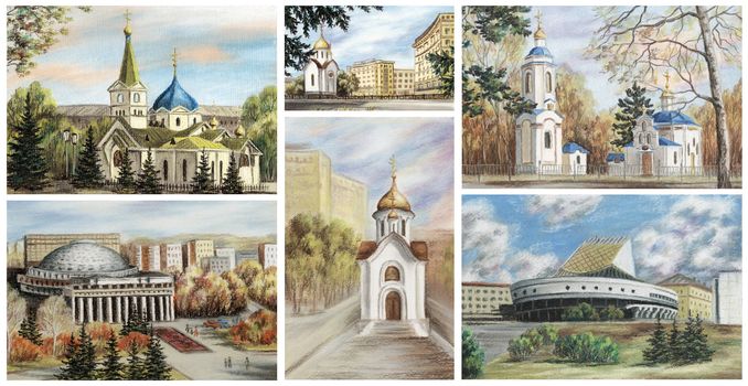 Picture, landscape, hand-draw, drawing a pastel. Russia, Novosibirsk, the famous buildings: chapels, cathedrals, theatres