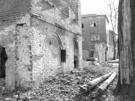 Destroyed houses in the center of small town