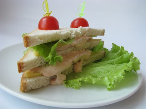 Sandwich with tomato halves on a white plate