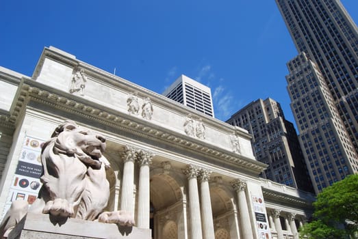Main branch of the New York City public library a much visited landmark destination of tourists in Manhattan.