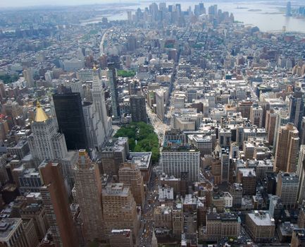 Southern tip of Manattan Island viewed from the 102nd floor observation deck of the Empire State Building