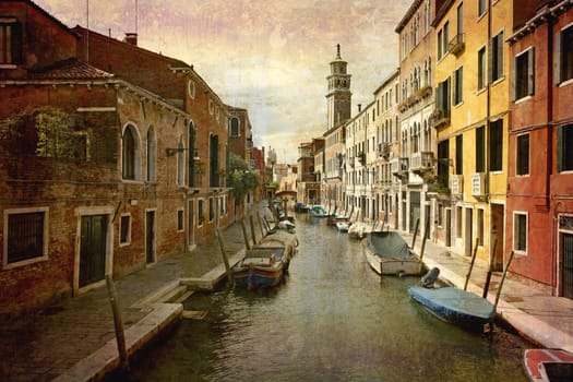 Artistic work of my own in retro style - Postcard from Italy. - Nice urban canal Venice.