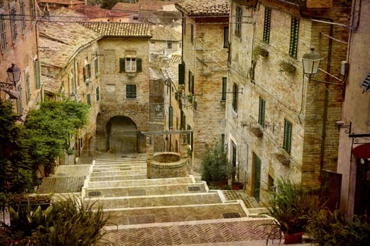 Artistic work of my own in retro style - Postcard from Italy. - Beautiful staircase Corinaldo, Italy