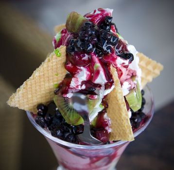 Bowl of ice cream with fruits on ice cream bar - Croatia.