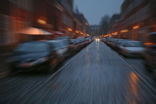 One way road at nighttime - Potsdam, Germany.