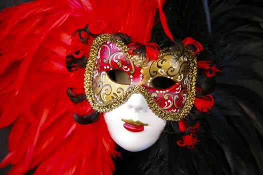 Carnival mask with red feathers - Venice, Italy.