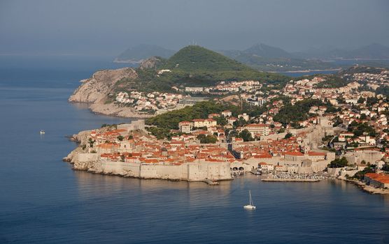 The old Croatian town Dubrovnik by the Adriatic Sea seen from above.