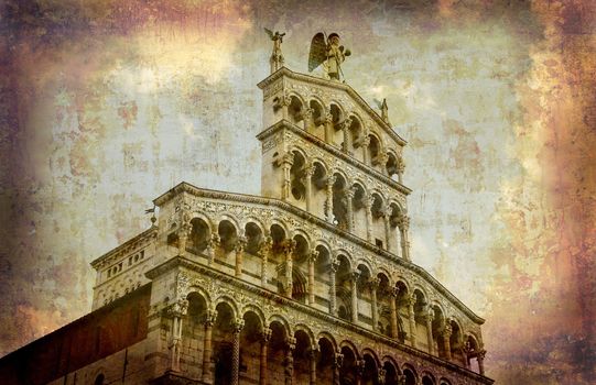 Artistic work of my own in retro style - Postcard from Italy. - St. Michele - Lucca - Tuscany.