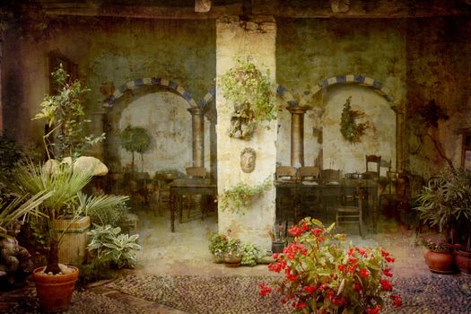 Artistic work of my own in retro style - Postcard from Italy. - Patio - Piedmont.