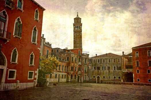 Artistic work of my own in retro style - Postcard from Italy. - Nice square after rain - Venice.