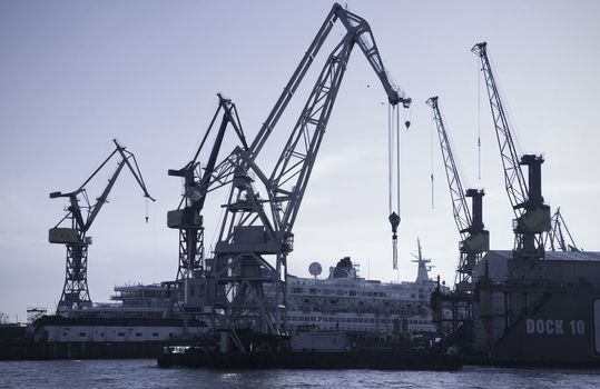 Docks and cranes - Harbor of hamburg, Germany.