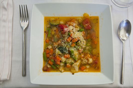 A plate of delicious Italian Minestrone vegetable soup.