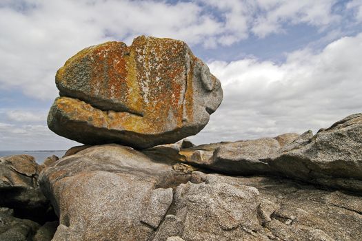 Big Stone on the rock coast near Pointe de Trevignon, Brittany, North France. Stone with orange lichens.