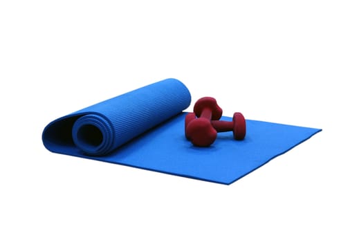 Rug and dumbbells for employment by fitness and aerobics