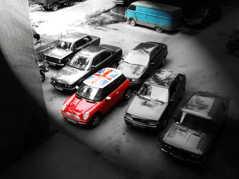 car dressed in union jack colors