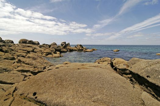 Rocks on the stone coast near Pointe de Trevignon, Brittany, North France.