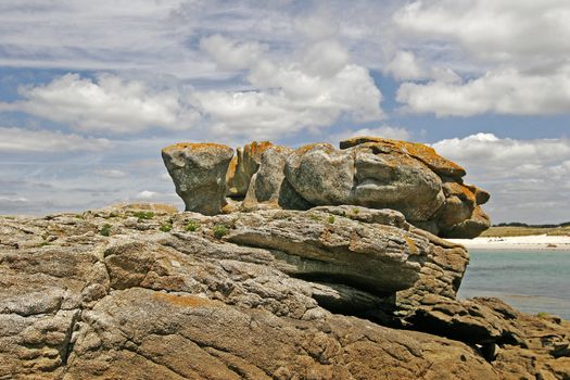 Rocks on the stone coast near Pointe de Trevignon, Brittany, North France.