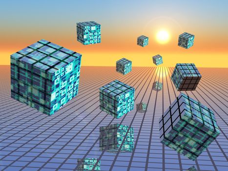 An abstract background illustration of a cubes with grid texture flying over a business technology graph into the horizon toward the sun.