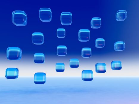 An abstract 3D art of cool blue background of crystal cubes over the horizon.