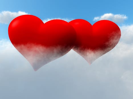 Two red love heart shaped floating in sky in the Clouds.