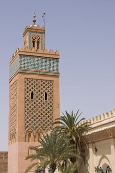 Minaret the Kasbah mosque in the historic old city of Marrakesh, Morocco.