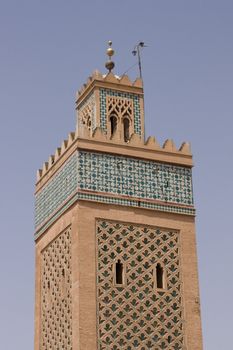 Minaret the Kasbah mosque in the historic old city of Marrakesh, Morocco.