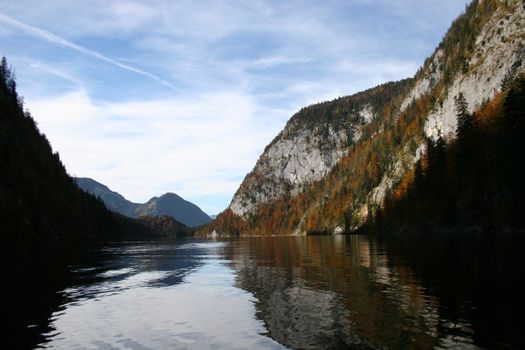 This is a unique photo of Lake Toplitz (Toplitzsee), Ausseerland, region Salzkammergut, Austria.

Lake Toplitz is mentioned in the James Bond movie Goldfinger. Rumours about buried Nazi Gold have tempted treasure hunters into its depths, some of them died.