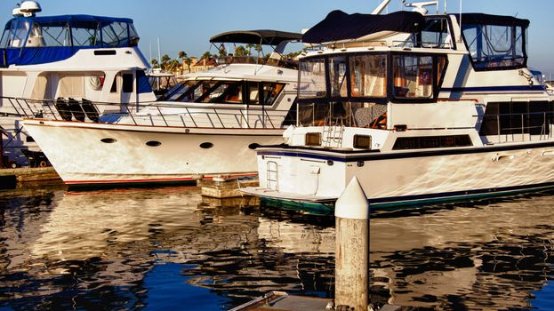 Yachts docked at beautiful Peter's Landing Marina in Huntington Beach, California