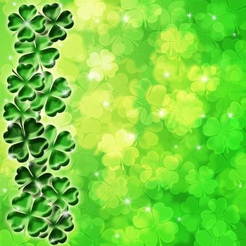 Lucky Irish Four Leaf Clover Shamrock Sparkles on Blurred Background Illustration