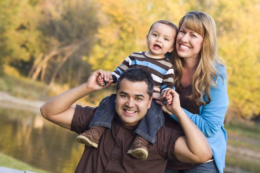 Happy Mixed Race Ethnic Family Posing for A Portrait in the Park.