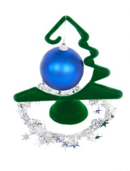 Blue Christamas ball hanging on green New Year fir