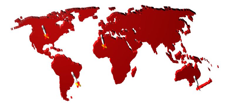 World map render 3D with darts. Concept of world market.