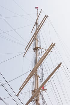 Mast of a sailing vessel is a tall, vertical, or near vertical, spar, or arrangement of spars, which supports the sails.
