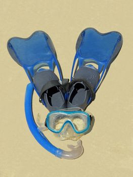 blue googles, snorkel and flippers