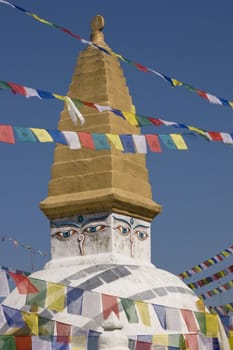 Colorful prayer flags at the Boudhanath Stupa, Kathmandu, Nepal