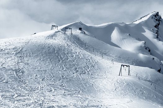 Ski lift. Elbrus Mount - the highest point of Europe from Cheget Mount