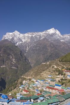 Village of Namche Bazar at an altitude of 3440M in the Nepalese Himalayas is a major staging post for those trekking to Everest Base Camp and beyond.
