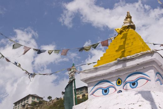 Buddhist stupa in the village of Namche Bazar in the Nepalese Himalayas.