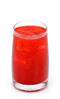 glass of red orange juice with ice on white background